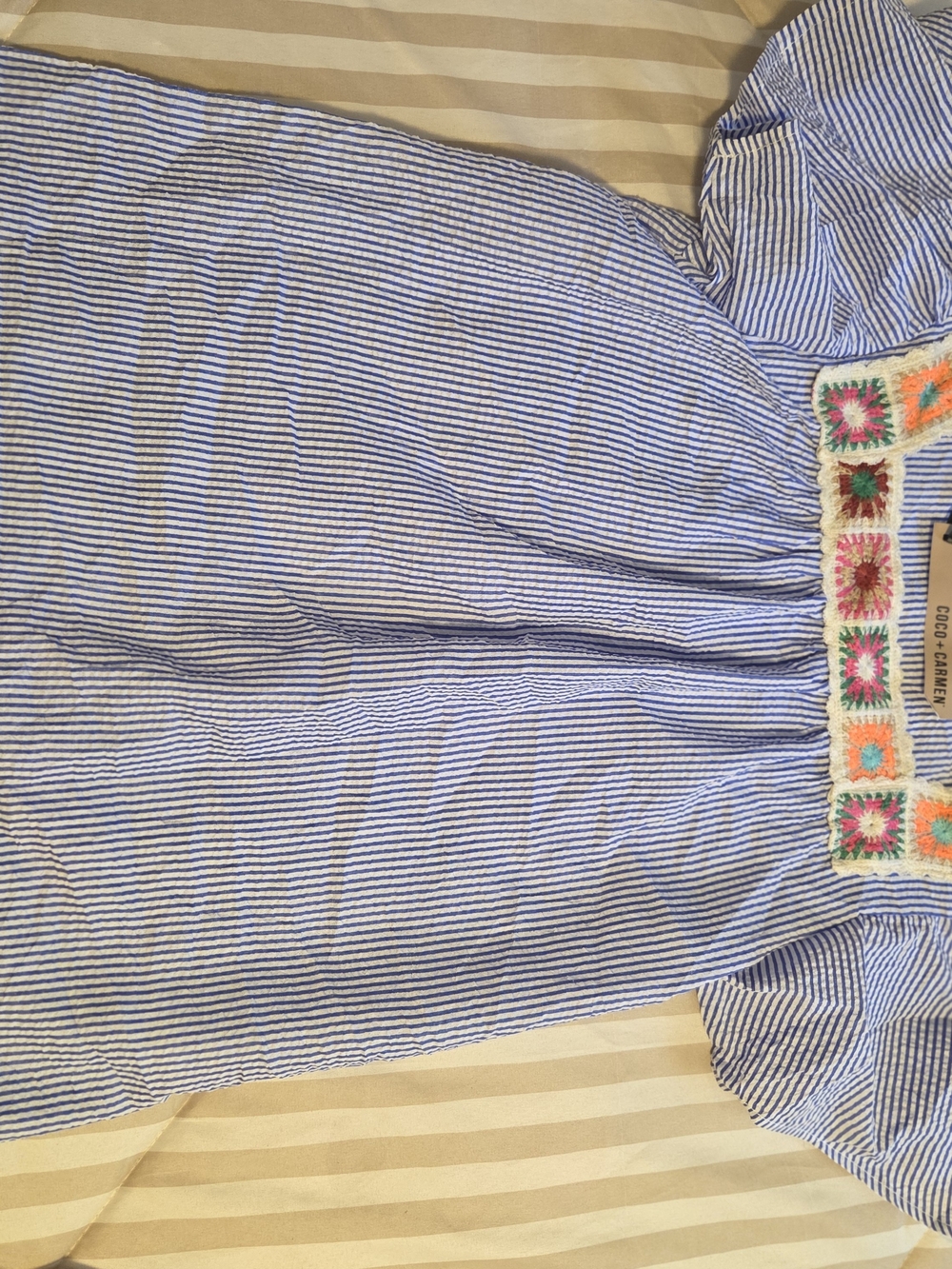 Coco + Carmen Blue & White Striped Blouse with Multicolor Crochet Trim